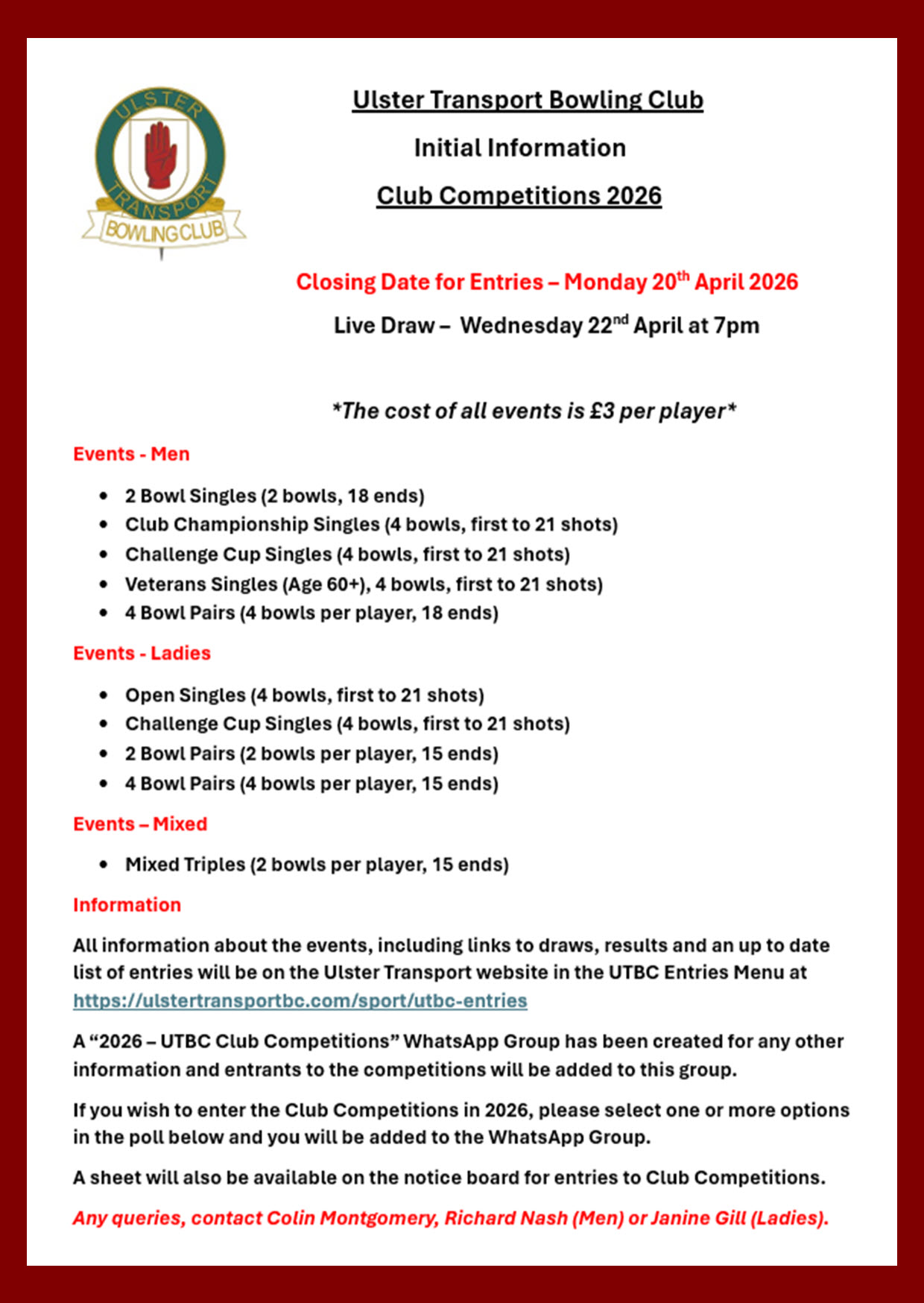 Information and Current Entries for the 2026 Club Competitions at Ulster Transport BC